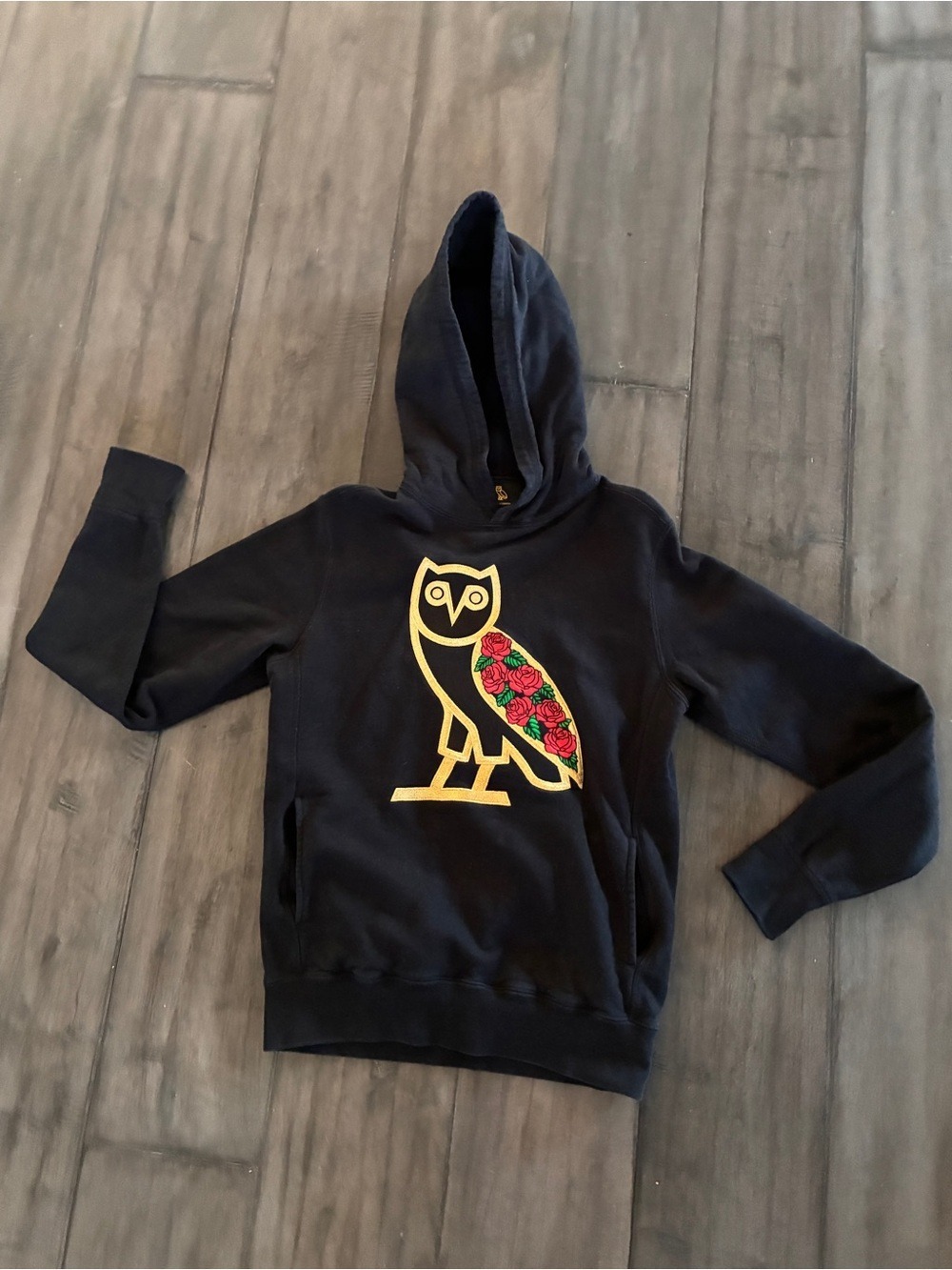 October’s Very Own (OVO) Rose Owl Pullover Hoodie in Washed Black - Size XS